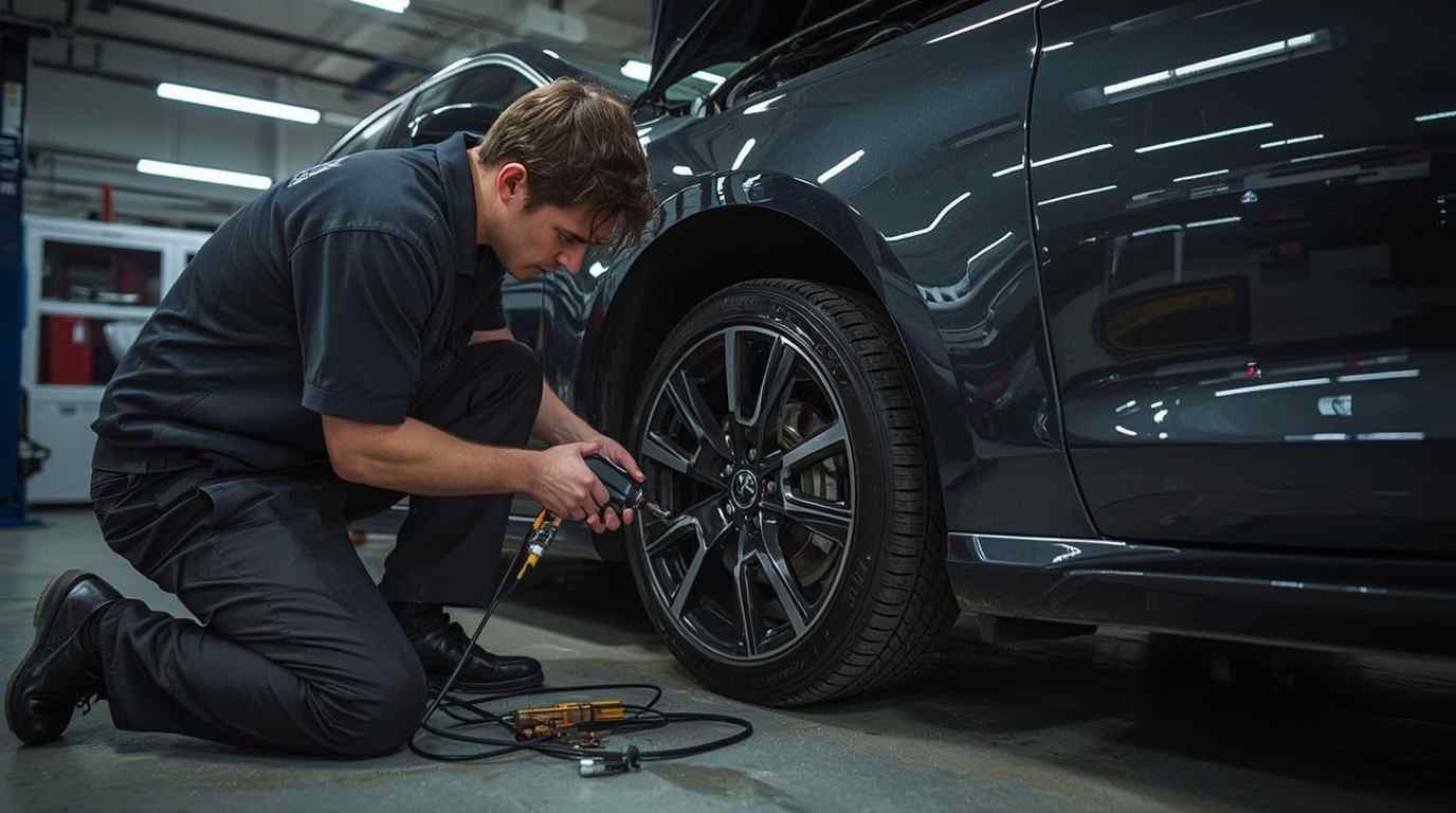 Technician inspecting collision damage after the vehicle has reached a safe location in Dubai