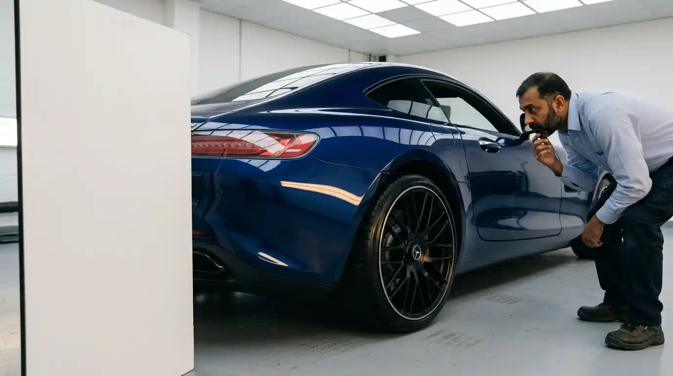 Technician using controlled reflection lighting to inspect the wide rear quarter of a Mercedes-AMG GT