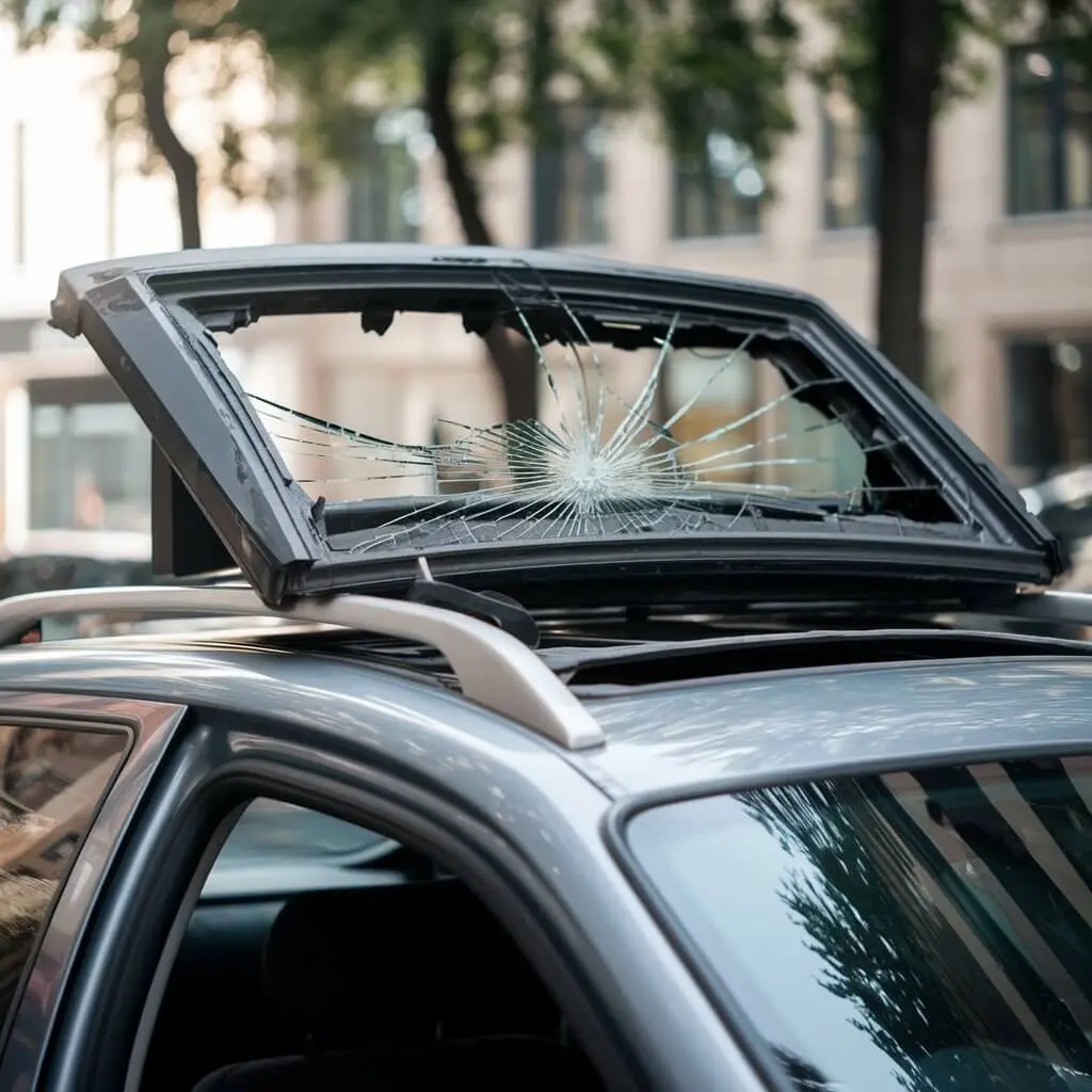 Cracked sunroof glass prepared for replacement