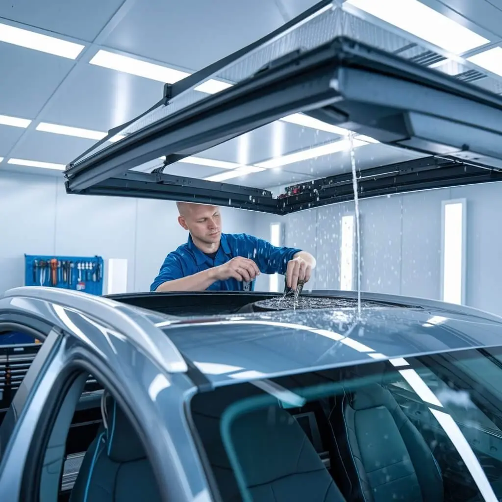 Technician checking a panoramic sunroof for water entry
