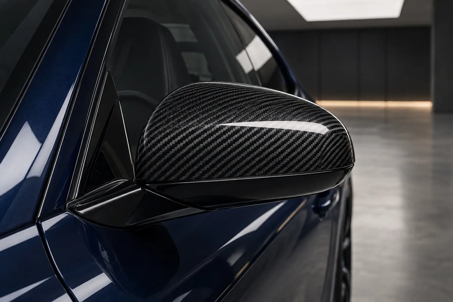 Close view of a woven carbon-fibre mirror cap and clear-coat finish