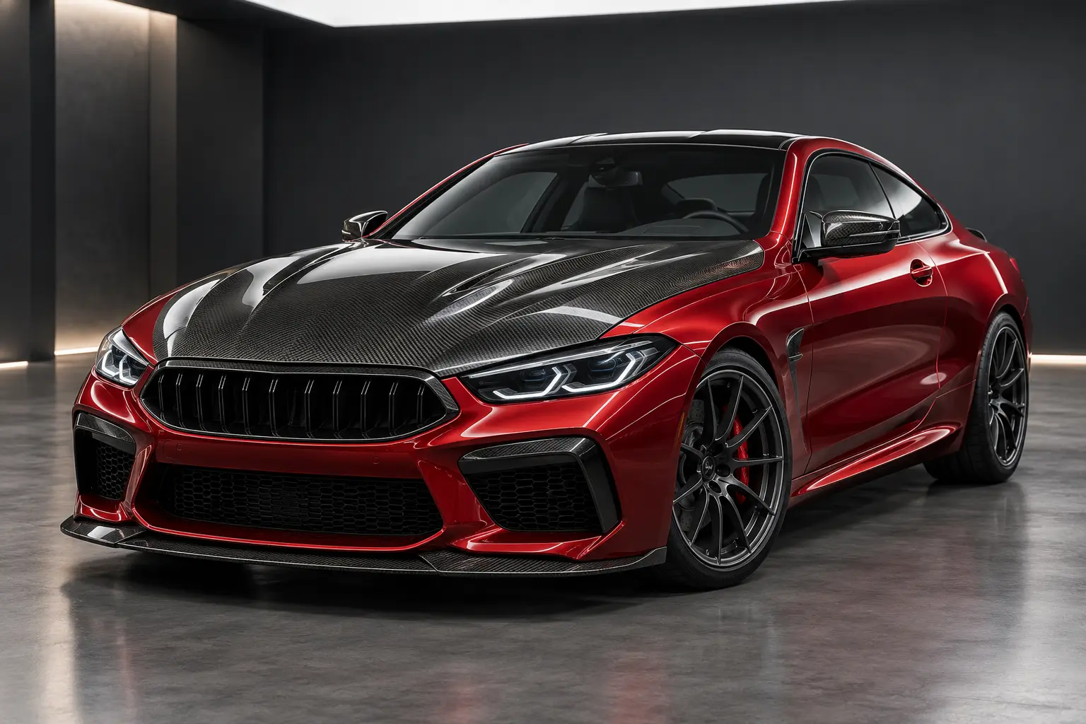 Red performance coupe with an exposed-weave carbon-fibre hood