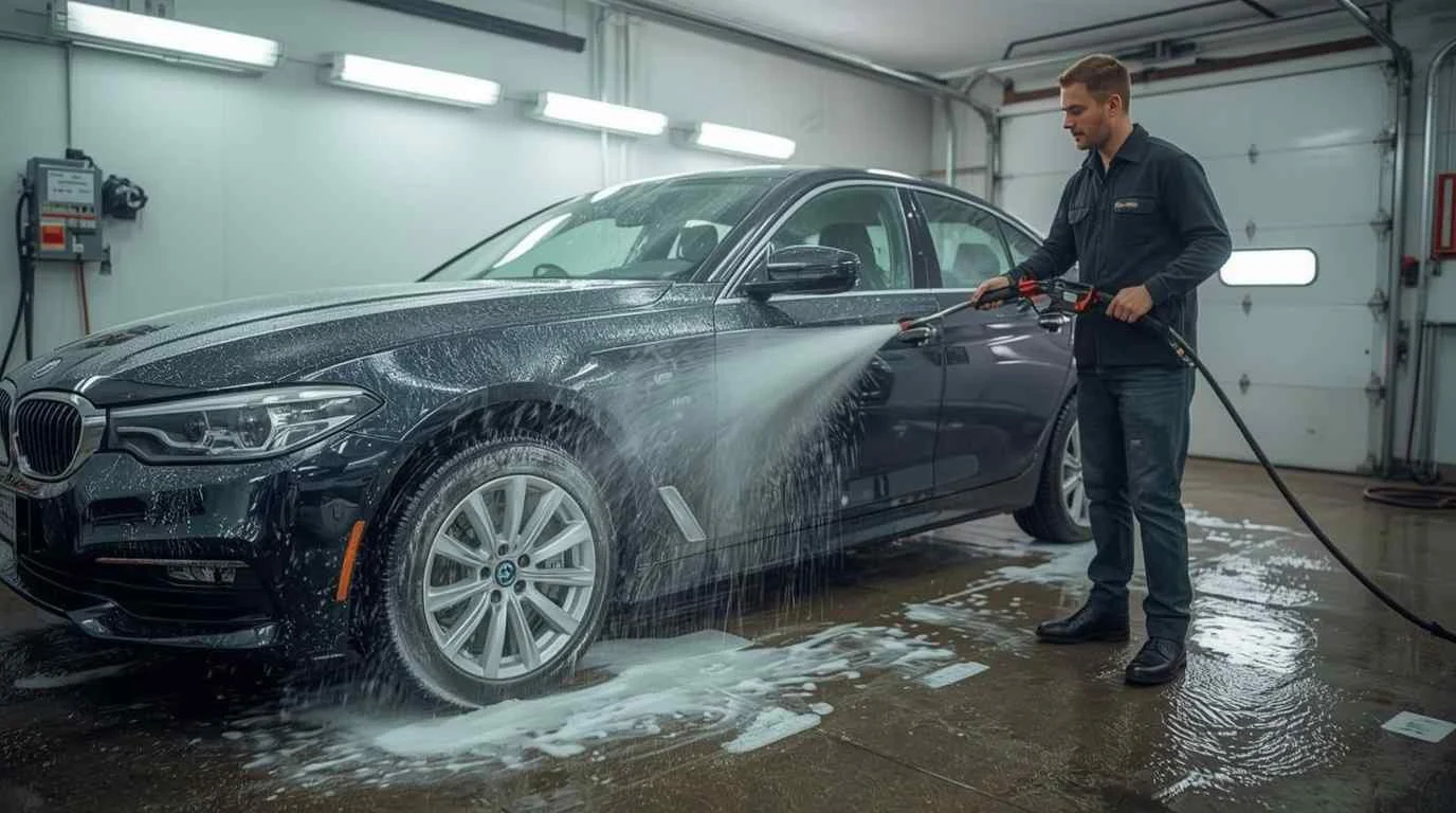 Careful pressure rinsing of a coated dark car
