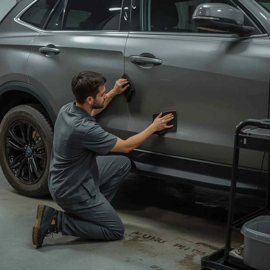 Applying a coating to a matte grey car door